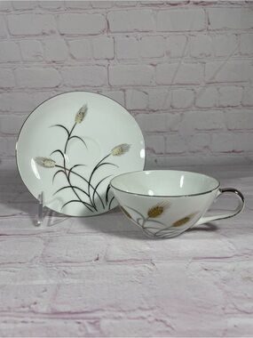 Vintage Norcrest Platinum and Silver Wheat GW-12 Bone China Teacup and Saucer